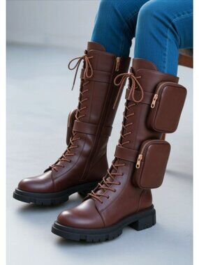 Wine Lace-Up Knee High Combat Boots with Pockets & Chunky Lug Sole